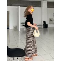 大码女装胖妹妹韩风棋盘格设计感绑带中长半身裙女薄格子长裙夏季 浅棕格盘 均码