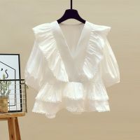 淑女甜美夏季套装女法式荷叶边V领衬衫绑带高腰显瘦半身裙 单件 上衣 S [建议80-95斤]