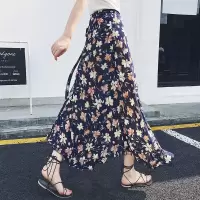 优质透气一片式半身裙夏季碎花系带度假半身裙中长款宽松沙滩裙 四叶草 均码 腰围可调节