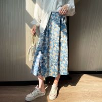 油画风碎花半身裙女中长款2021春夏新款高腰小个子松紧腰大摆伞裙 蓝色油画风碎花裙 S [建议70-95斤]