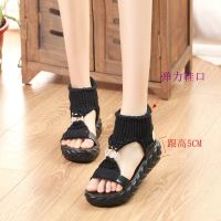 2021新款厚底松糕毛线圆扣大码鞋子女凉鞋韩版露趾百搭舒适罗马鞋 黑色 35 正码