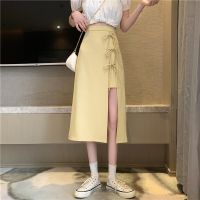 黄色半身裙女夏季高腰设计感小众不规则开叉中长款长款黑色小裙子 黄色 L