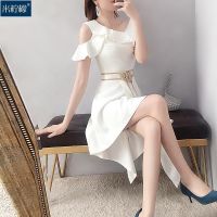 露肩白色连衣裙2021新款夏季仙女法式复古裙过膝很仙气质收腰显瘦 白色 S 80-90