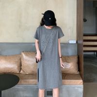 2021夏季新长裙气质赫本风V领小黑裙设计感扭结泡泡袖白色连衣裙 灰色 XL [建议118-130斤]