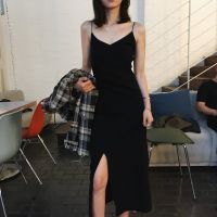 辣妹大码开叉性感吊带裙女夏新款胖mm遮肚显瘦连衣裙中长款小黑裙 黑色开叉裙 M 建议90-100