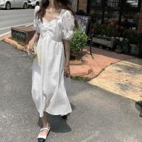 裙子女2021夏季泡泡袖公主裙ins超仙露背蝴蝶结绑带仙女连衣裙 白色 S