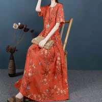 复古文艺范印花棉麻连衣裙夏季短袖圆领长款长裙子系带宽松大摆裙 橘色 M 90-115斤左右