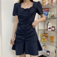 重工精选韩风新款裙chic复古甜美方领绑带包扣荷叶边鱼尾连衣裙女 藏青色 S