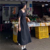 法式方领泡泡袖连衣裙设计感小众气质修身温柔初恋露背白色仙女裙 黑色 [收藏关注店铺优先发货] 2XL [135-150]