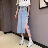 牛仔裙半身裙女夏季高腰A字裙2021新款中长款包臀裙薄款开叉裙子 蓝色[高品质] S [90斤以下]