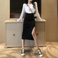 半身裙2021春夏新款ins超仙显瘦炸街裙子开叉一步垂感高腰包臀裙 黑色 S 建议80-90斤