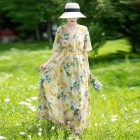 复古文艺棉麻印花V领连衣裙女2021夏季大码宽松显瘦系带收腰长裙 黄色 M [80-115斤]