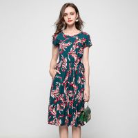 2020夏季新款碎花棉绸短袖连衣裙女中长款收腰修身显瘦人造棉裙子 凤尾花 XL 建议(90斤-115斤)