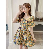 茶歇初恋碎花连衣裙女2021夏季新款韩版温柔风泡泡袖公主蓬蓬裙女 绿色 包包不 S 70-95斤