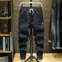 男裤秋冬季2021新款牛仔裤加绒加厚男宽松抽绳裤子男宽松百搭潮流 909-2 黑色(单件) 28 [M码]