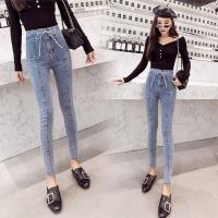 2021夏季新款女装韩版百搭高腰显瘦小脚铅笔裤子绑带休闲牛仔裤潮 1917蓝色 S