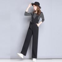 2021春秋装休闲背带裤女黑色直筒裤系带宽松高腰显瘦垂感连体长裤 黑色 S (建议85--100斤)