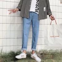 秋季直筒牛仔裤男潮牌宽松休闲系绳九分裤学生韩版百搭帅气长裤子 浅蓝 非松紧 S 收藏送礼品