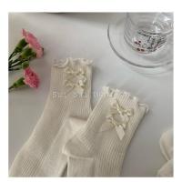 日系Lolita木耳边蝴蝶结软妹短袜韩国百搭jk棉袜少女可爱绑带袜子 蝴蝶结-奶白 一双装