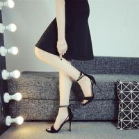 韩版罗马绑带凉鞋女夏中跟细跟性感百搭一字扣黑色高跟鞋2021新款 黑色2088-8 34