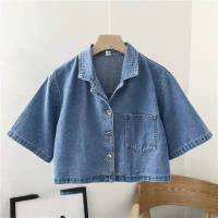 露腰牛仔裙女夏季法式少女复古方领心机设计感小众泡泡短袖连衣裙 蓝色 S