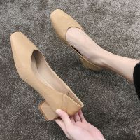 2019新款时尚方头高跟鞋女中跟百搭黑色工作职业5cm粗跟单鞋女鞋 杏色 39 偏小,脚宽胖拍大一码