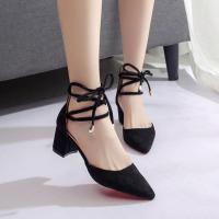2021夏季新款韩版尖头粗跟凉鞋女时尚百搭学生高跟鞋交叉绑带女鞋 黑色 35 标准码脚胖拍大一码