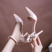 花朵高跟鞋女夏粉色公主细跟尖头单鞋女包头中空一字扣百搭女鞋潮 粉红色 39