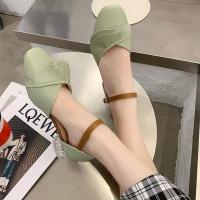 法式一字带高跟凉鞋细跟2021新款时尚夏季蝴蝶结仙女配裙子高跟鞋 鸿宝308绿色 标准码 35
