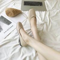 软底单鞋2021春夏新款百搭平底大码奶奶鞋粗跟中跟晚晚仙女豆豆鞋 平底米白色 35