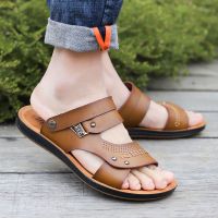 牛筋底耐磨皮凉鞋夏季男士拖鞋男防滑开车沙滩鞋韩版人字凉拖鞋男 805款 卡其色 38