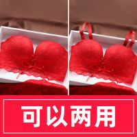 无肩绑带拉绳内衣女聚拢收副乳无钢圈文胸贴调整型上托小胸罩加厚 红色/单件 送肩带 32A/70A