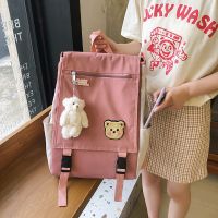 双肩包女韩版学院风书包翻盖初中高中学生双肩包日系简约ins背包 粉色 单包+[收藏送微章]