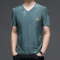 啄木鸟男装冰丝短袖t恤男夏季新款V领宽松中青年休闲半袖男士上衣 VG提花-绿色 165/M[80-120斤]