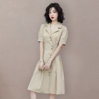 赫本风西装连衣裙女夏2021年夏装新款法式收腰显瘦中长款复古裙子 卡其色 M
