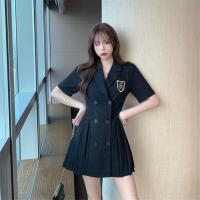 西装连衣裙黑色修身双排扣轻熟风短裙子夏季百褶裙显瘦气质短裙女 黑色 S