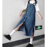 复古宽松牛仔背带裙女2021新款夏季学生日系A字裙中长款连衣裙潮 深蓝的 S