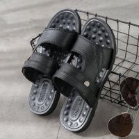 [全牛皮]真皮牛皮男士凉鞋夏季防滑沙滩鞋休闲凉拖鞋男厚底 黑色[清仓款] 38