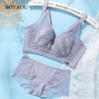 夏天性感内衣女薄款大胸显小文胸无钢圈聚拢防下垂胸罩内裤套装 灰色 套装 34B/75B(收藏优先发货)