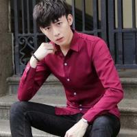 春秋衬衫男长袖修身条纹格子百搭休闲男士衬衣上班青少年寸衫上衣 酒红色([高品质衬衫) S [75-90斤]