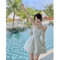 赫本风高级感气质抹胸连衣裙女神范夏季2021年新款中长裙黑色裙子 白色连体短裤 有口袋 S