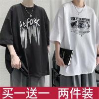 港风夏季短袖t恤男宽松学生韩版潮流圆领印花五分袖半袖上衣男装 ANF黑色+恐龙白色 M