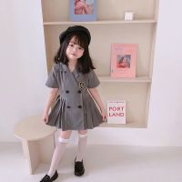 2021夏季女童亲子新款JK洋气显瘦百褶双排扣西装连衣裙 灰色 90码建议身高80-85厘米