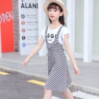 中大童女童连衣裙假两件背带裙儿童时尚短袖格子裙夏装公主裙潮衣 黑色 120 建议升高110~119cm