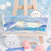 ins镭射入油蓝鲸笔袋pvc透明学生文具袋可爱铅笔袋笔盒文具收纳袋 游鱼蓝鲸 单个笔袋