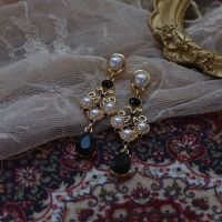 「黑色曼陀罗」宫廷复古巴洛克时髦高贵珍珠水滴黑钻耳环/耳夹 黑色曼陀罗 925银针 高级质感