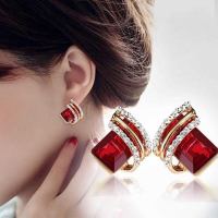 新款简约耳钉女韩国夏季耳环女仿珍珠个性气质清新百搭潮人耳坠女 菱形红色