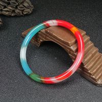 新疆和田七彩玉手镯女款鸡血飘花戈壁玉石加宽加厚玉手镯子 细圆条款+精美礼盒 55-56适合90-100斤