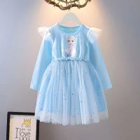 冰雪奇缘童装女童艾莎公主裙小女孩秋季长袖连衣裙婴儿洋气网纱裙 天蓝色(烫画爱莎长袖) 90 建议身高75cm-85cm