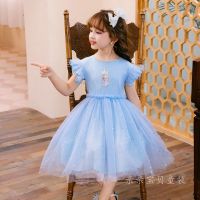 女童连衣裙短袖冰雪奇缘公主裙爱莎小女孩洋气儿童裙子蓬蓬纱 冰雪蓝色蓬蓬裙 100
